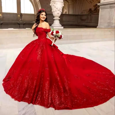 Elegant, off shoulder sparkle red dress with bow back and long train