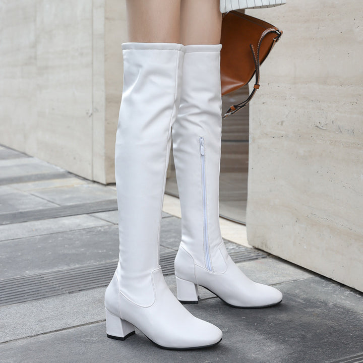 Side Zipper Round Toe Chunky Heel Over The Knee Boots