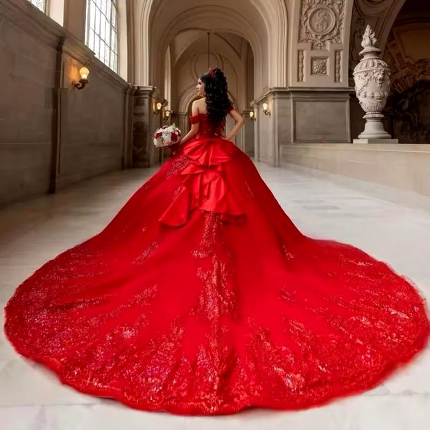 Elegant, off shoulder sparkle red dress with bow back and long train