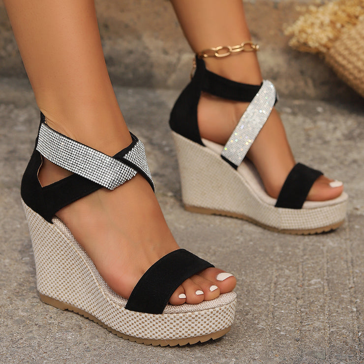 Fish Mouth High Wedges Sandals With Rhinestone Design