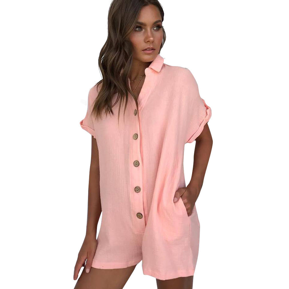 Polo Collar Shirt Button Up Romper Jumpsuit