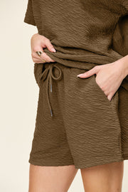 Double Take Full Size Texture Short Sleeve T-Shirt and Drawstring Shorts Set