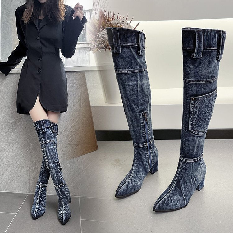 Pointed Mid Heel Denim Over Knee Boots