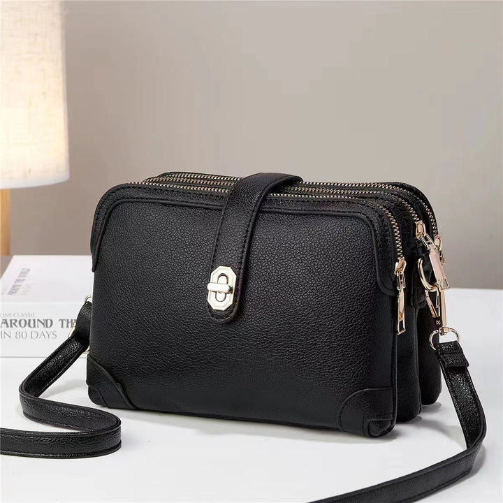 Multi-layer Lychee Pattern Simple Texture Soft Leather Western Style Multi-functional Shoulder Crossbody Small Square Bag