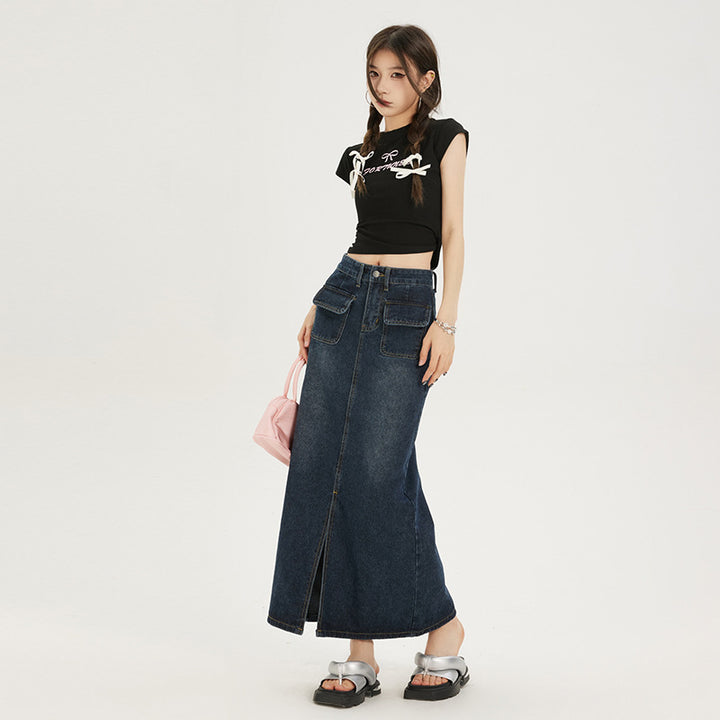 High Waist Slit Denim Skirt