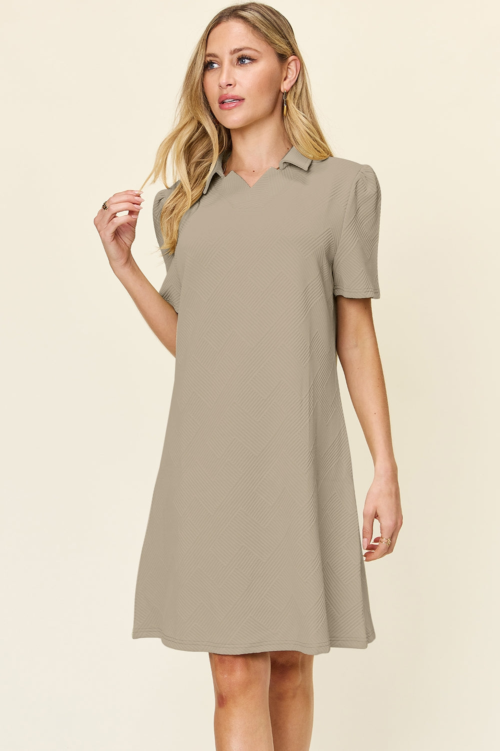 Double Take Full Size Texture Collared Neck Short Sleeve Dress