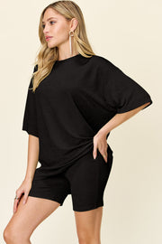Double Take Full Size Texture Round Neck Drop Shoulder T-Shirt and Shorts Set