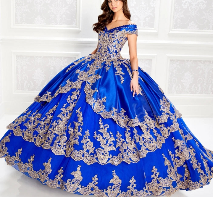 Gold Appliqued Off the Shoulder Quinceanera Dress