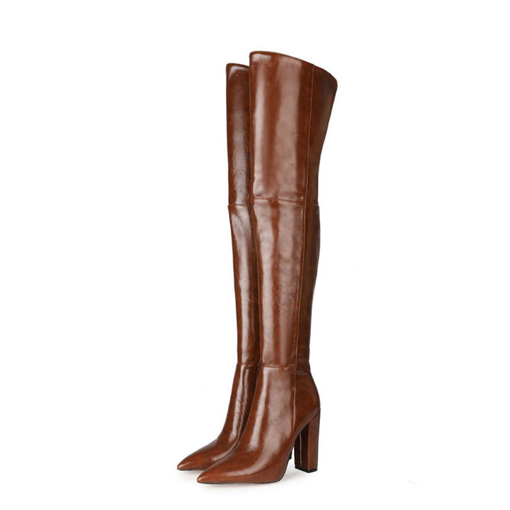 Pointed Side Zipper Thick Heel Over-the-knee Boots