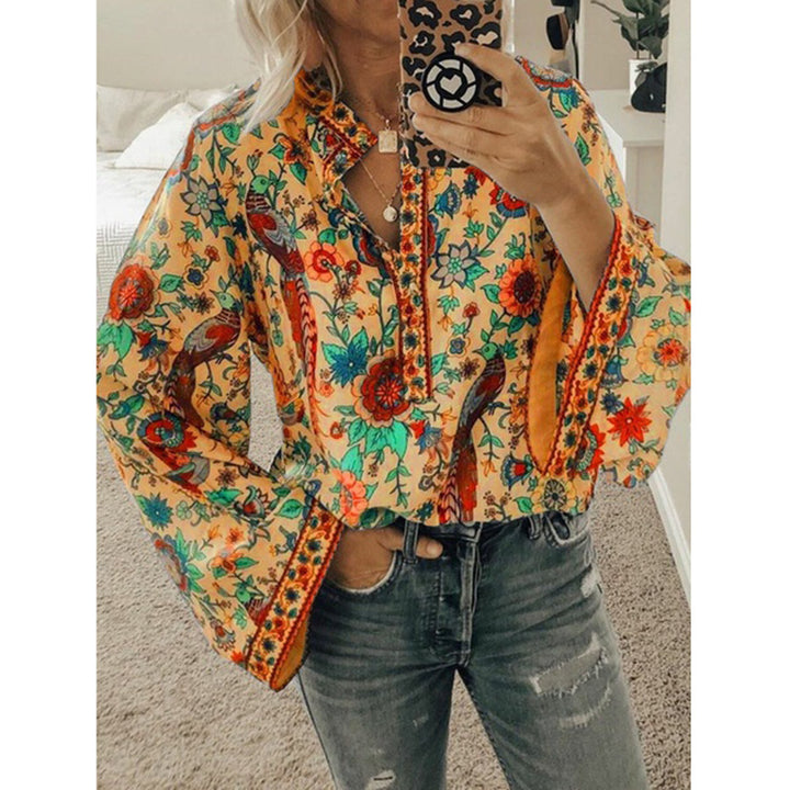 Peacock Print Loose Long Sleeve Boho Shirt