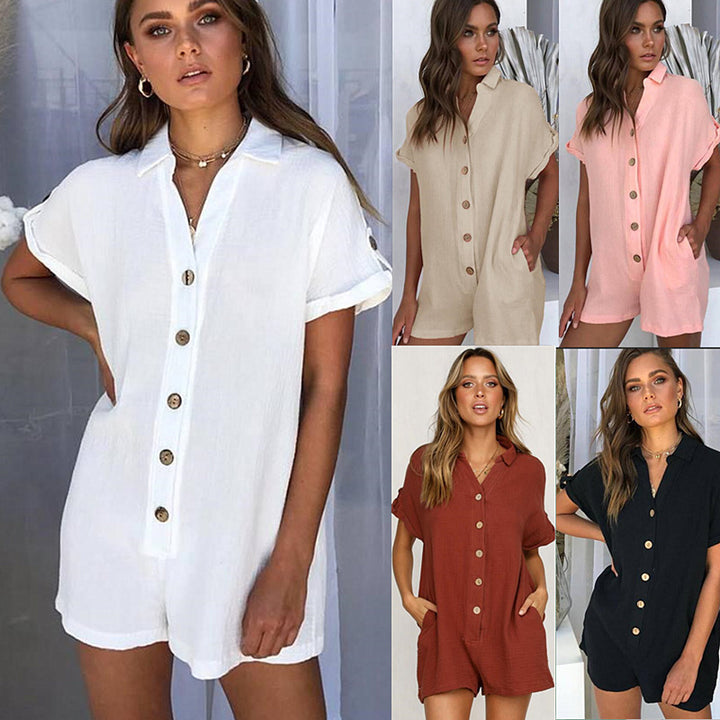 Polo Collar Shirt Button Up Romper Jumpsuit