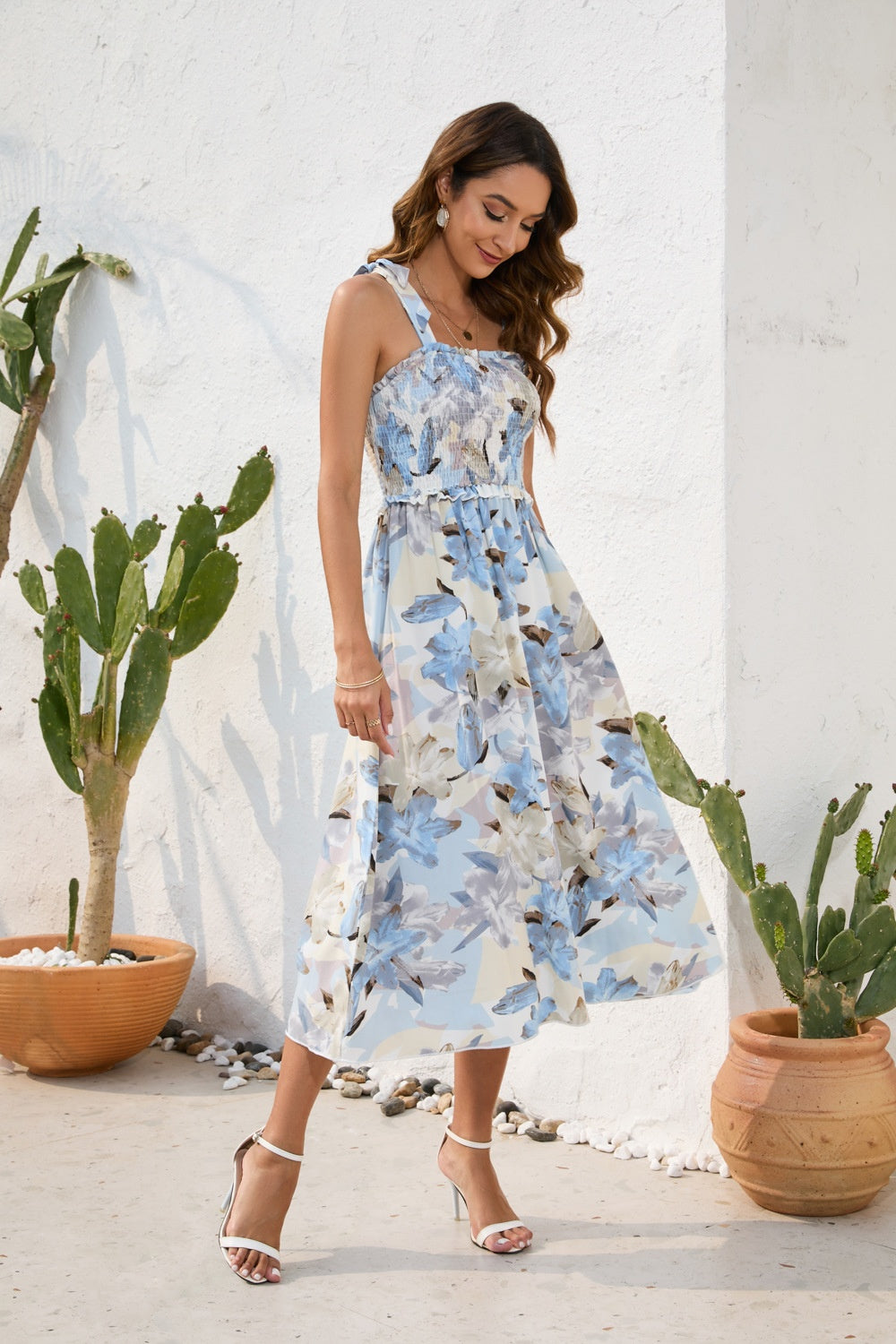 Smocked Printed Square Neck Midi Dress