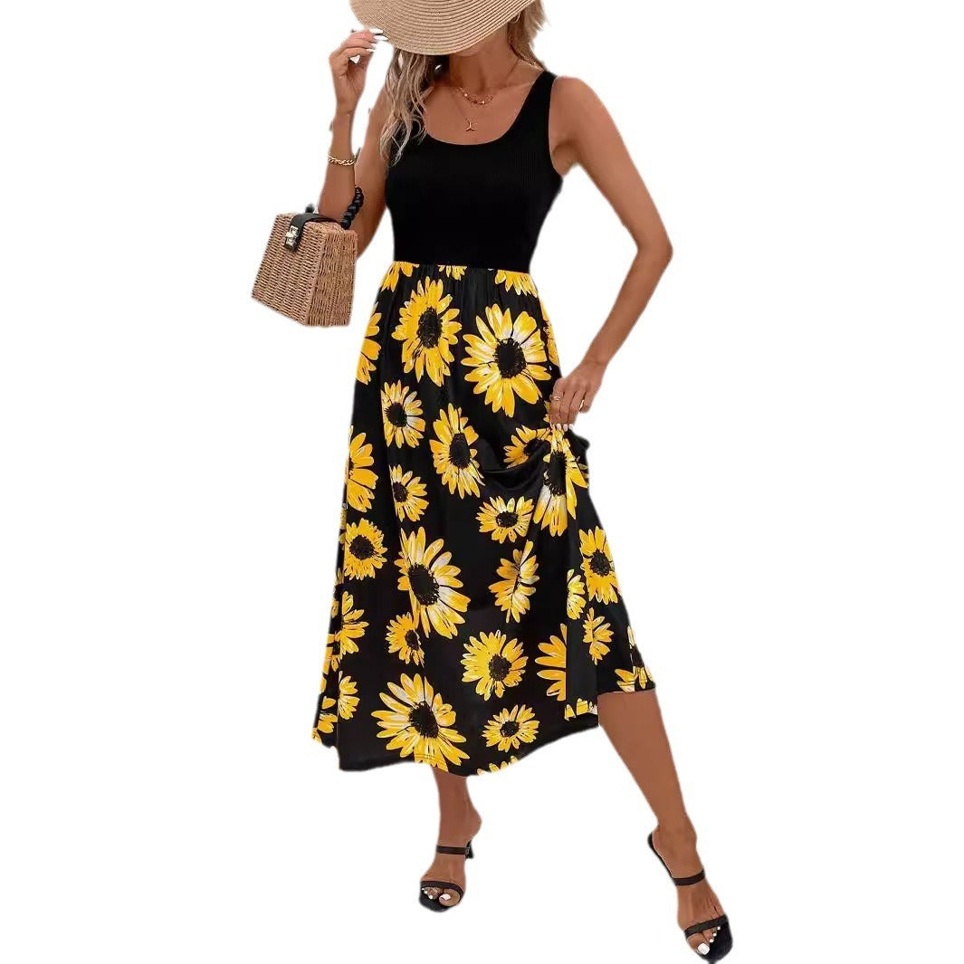 Elegant Stitching Sunflower Print Skirt