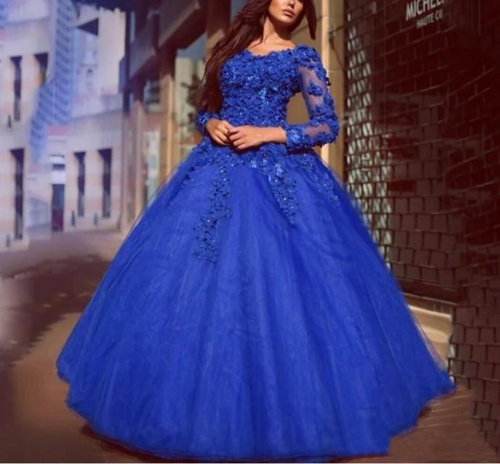 Royal Blue Lace Tulle Long Sleeve Quinceanera Dress