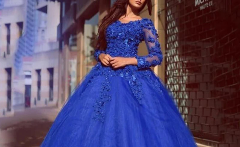 Royal Blue Lace Tulle Long Sleeve Quinceanera Dress