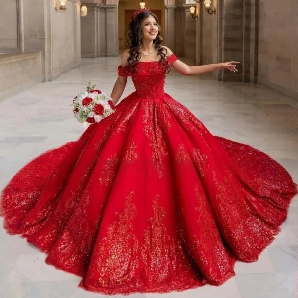 Elegant, off shoulder sparkle red dress with bow back and long train