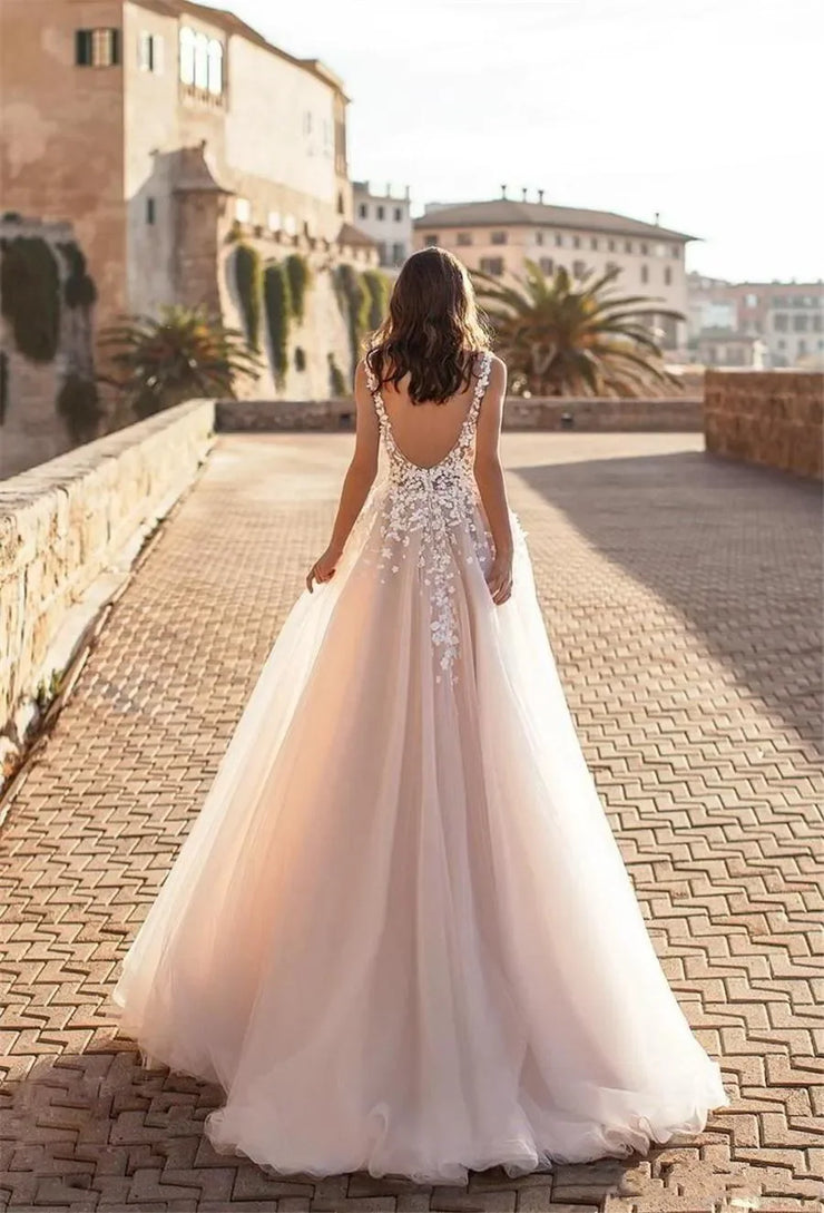 Backless 3D Floral Appliqued Lace A-Line Wedding Dress