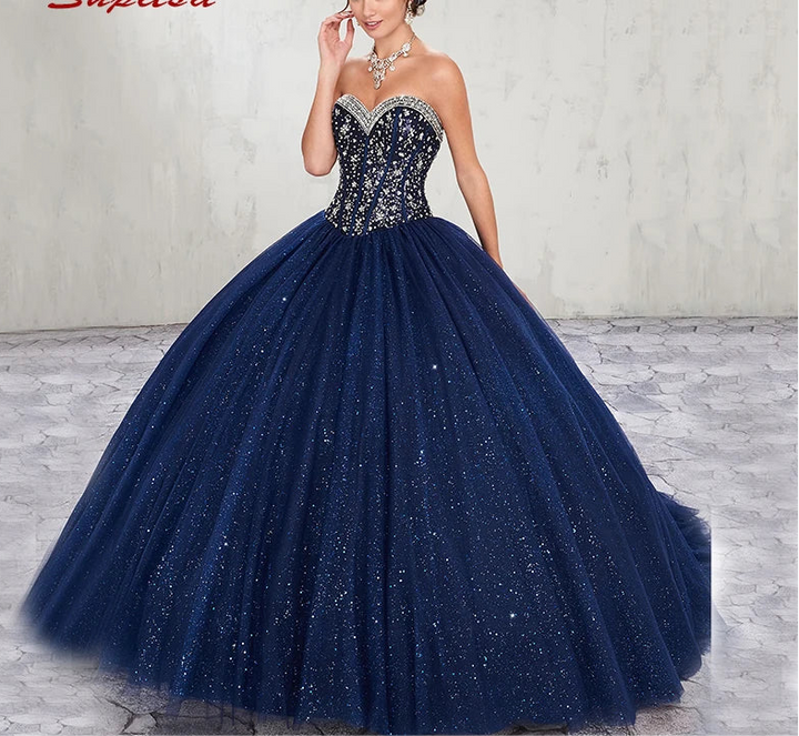 Luxury Navy Blue Tulle Quinceanera Dress