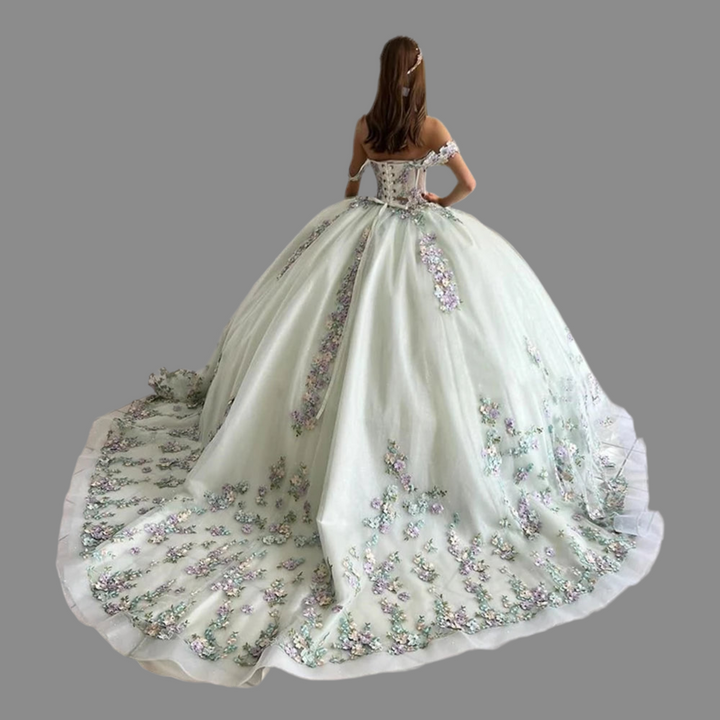 Puffy Beaded  Lace  Off  Shoulder Quinceanera Dress