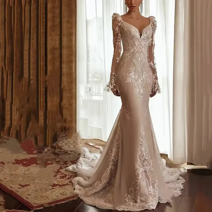 V-neck Full sleeve Lace Applique Mermaid Wedding Dress