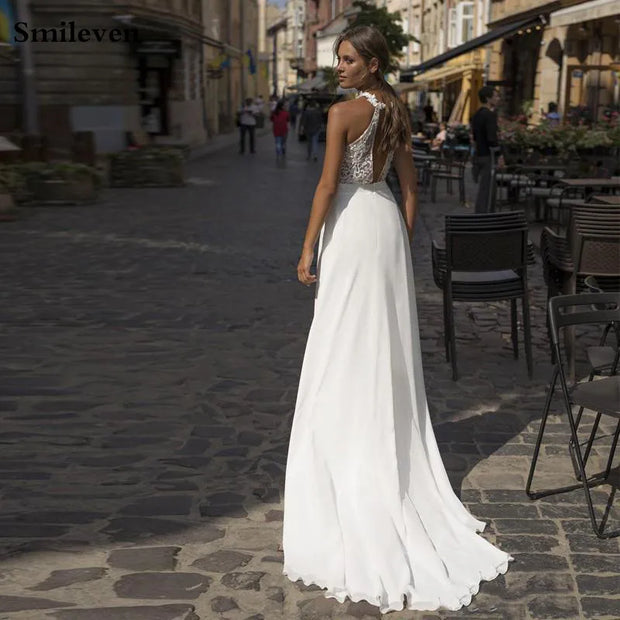 Chiffon Floor Length Halter Neck A Line Wedding Dress