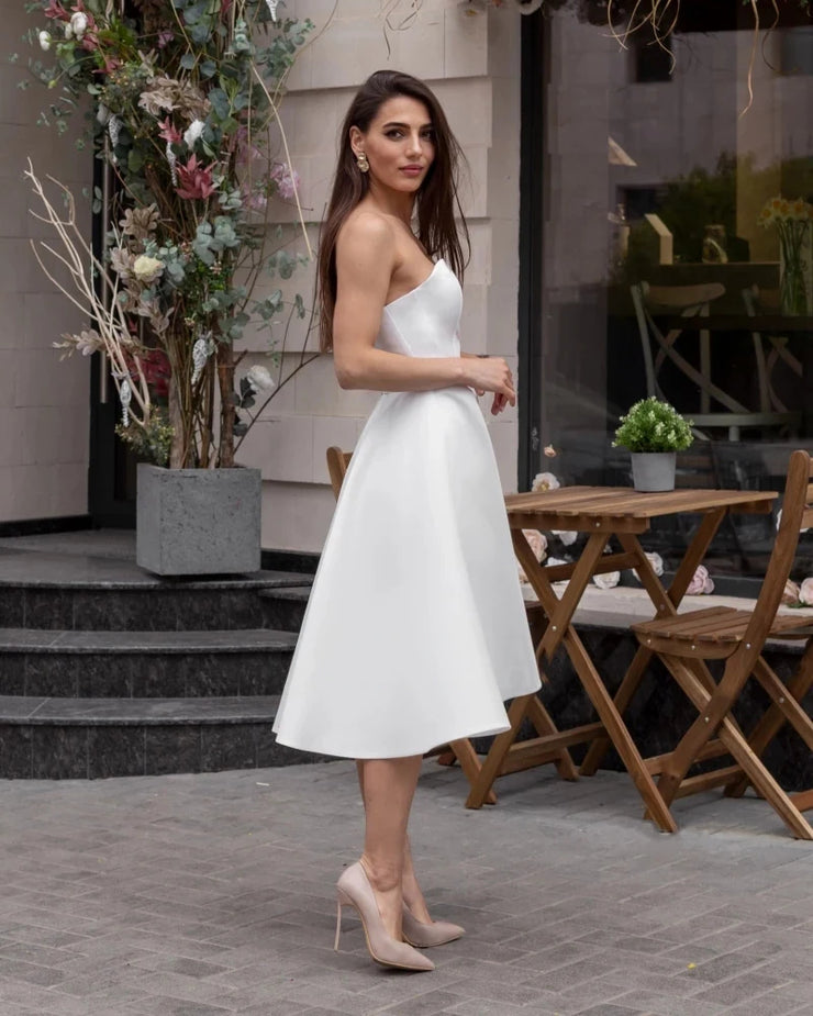 Simple Satin Knee-Length A Line Wedding Dress