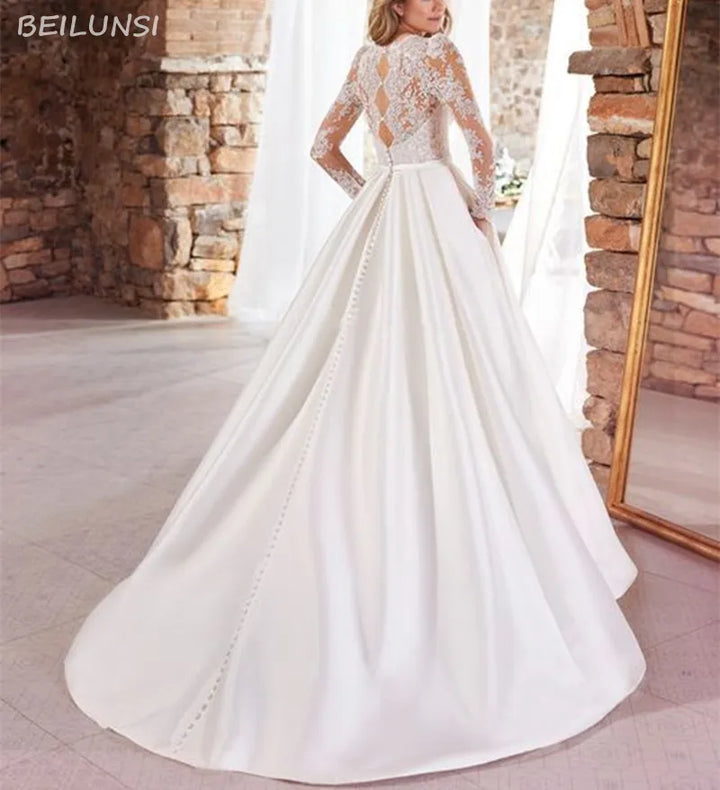 Satin Long Sleeve  V-Neck Tulle Applique A line Wedding Dress