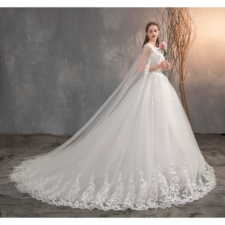 Princess Lace Embroidery With Long Train A Line Wedding Dress