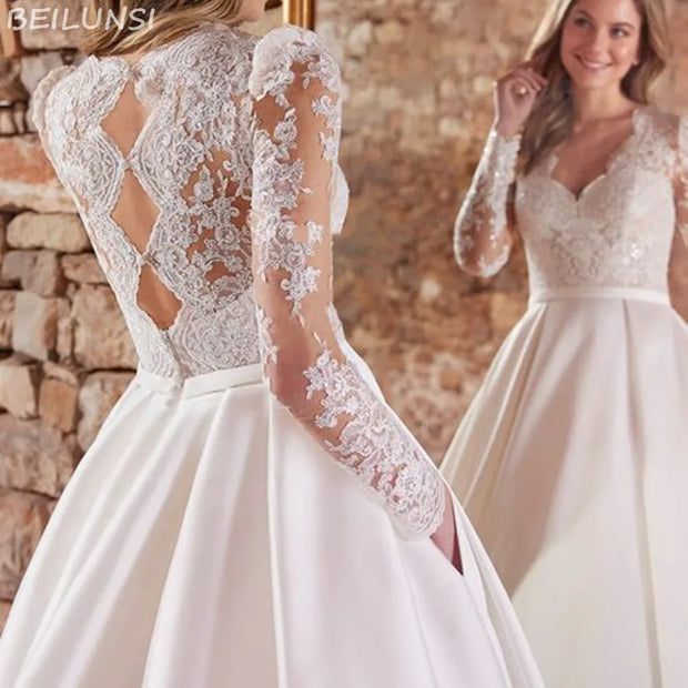 Satin Long Sleeve  V-Neck Tulle Applique A line Wedding Dress