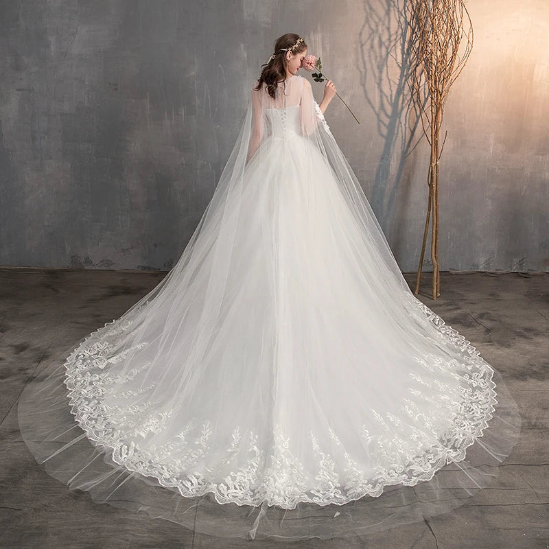 Princess Lace Embroidery With Long Train A Line Wedding Dress