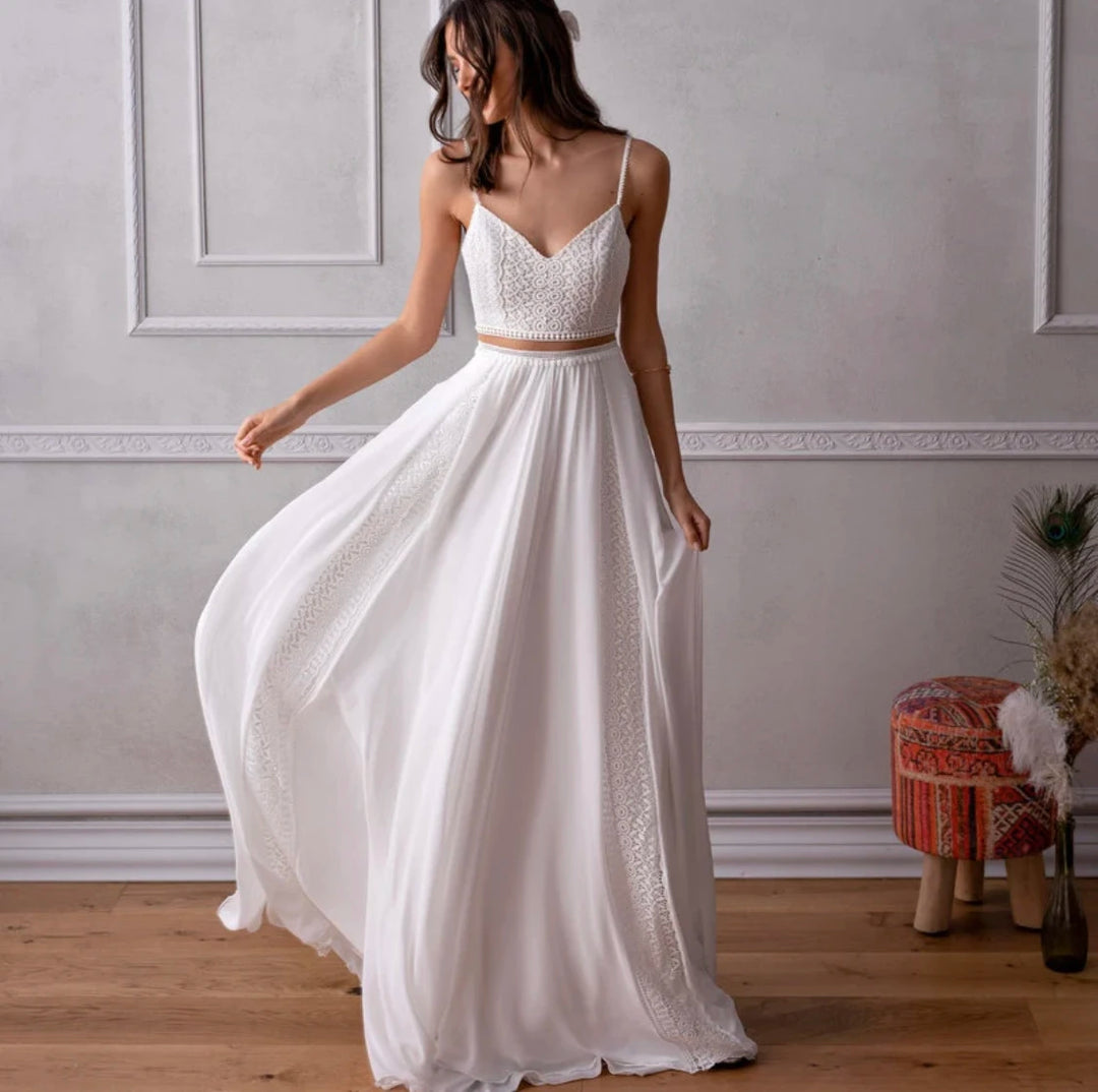 2 Piece Spaghetti Straps Backless Sleeveless A line wedding dress