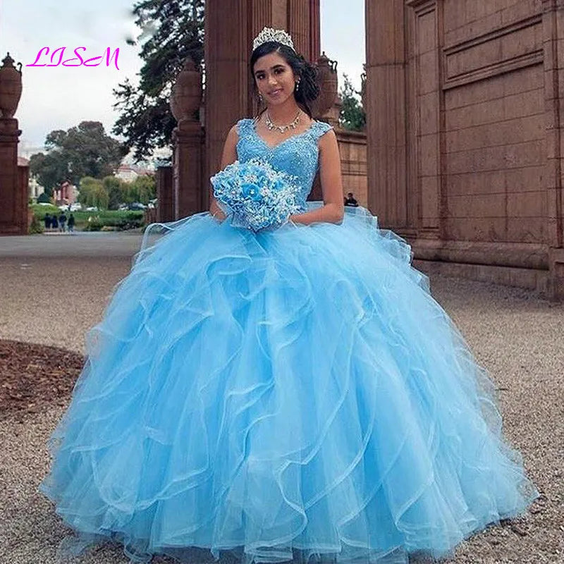 Appliques Sequined Sleeveless Sweet 15 Ball Gown Quinceanera Dress