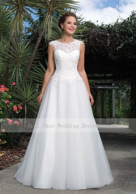 Floor Length Tulle Gown Scoop Lace Neck A-Line Wedding Dress