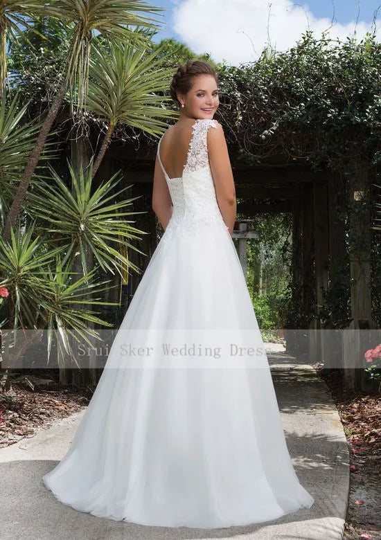 Floor Length Tulle Gown Scoop Lace Neck A-Line Wedding Dress