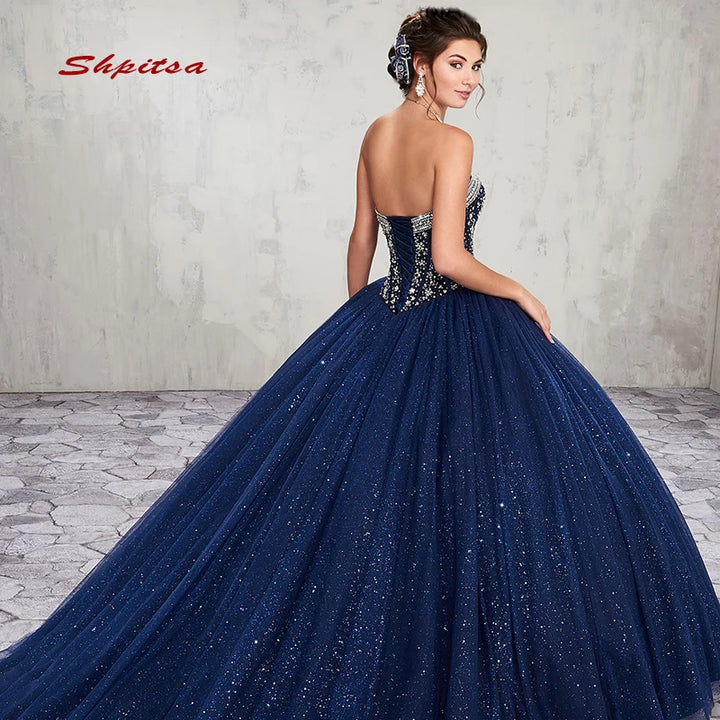 Luxury Navy Blue Tulle Quinceanera Dress