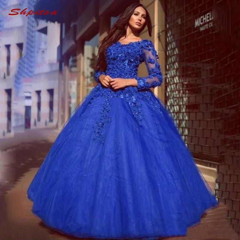 Royal Blue Lace Tulle Long Sleeve Quinceanera Dress