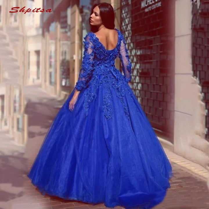 Royal Blue Lace Tulle Long Sleeve Quinceanera Dress