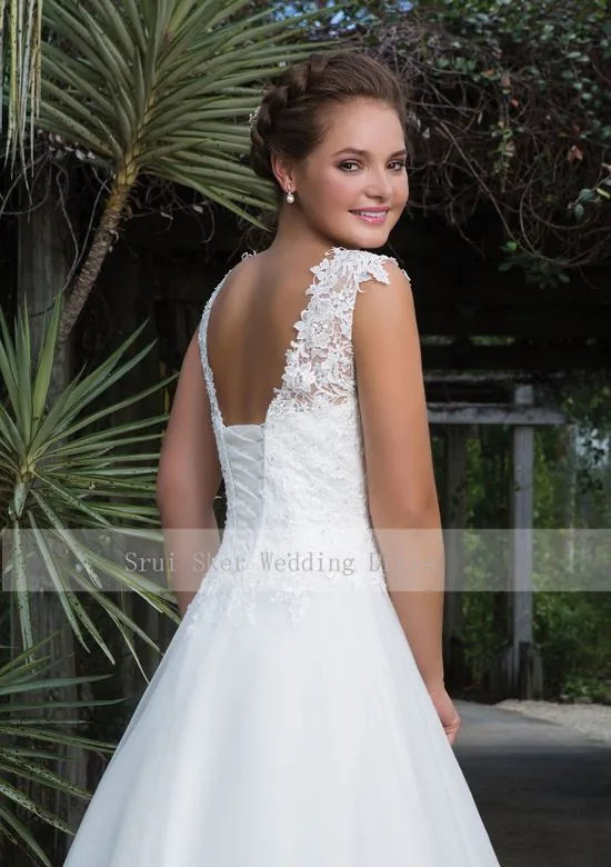 Floor Length Tulle Gown Scoop Lace Neck A-Line Wedding Dress