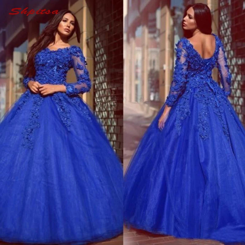 Royal Blue Lace Tulle Long Sleeve Quinceanera Dress