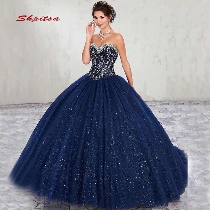 Luxury Navy Blue Tulle Quinceanera Dress