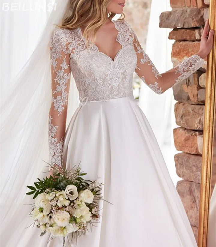 Satin Long Sleeve  V-Neck Tulle Applique A line Wedding Dress