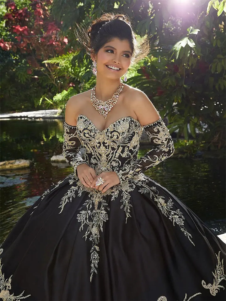 Satin Detachable Sleeve Beaded Quinceanera Dress