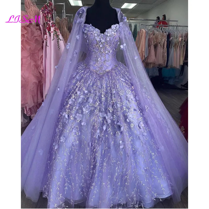 Cloak Corset  and 3D Flowers Quinceanera Dress