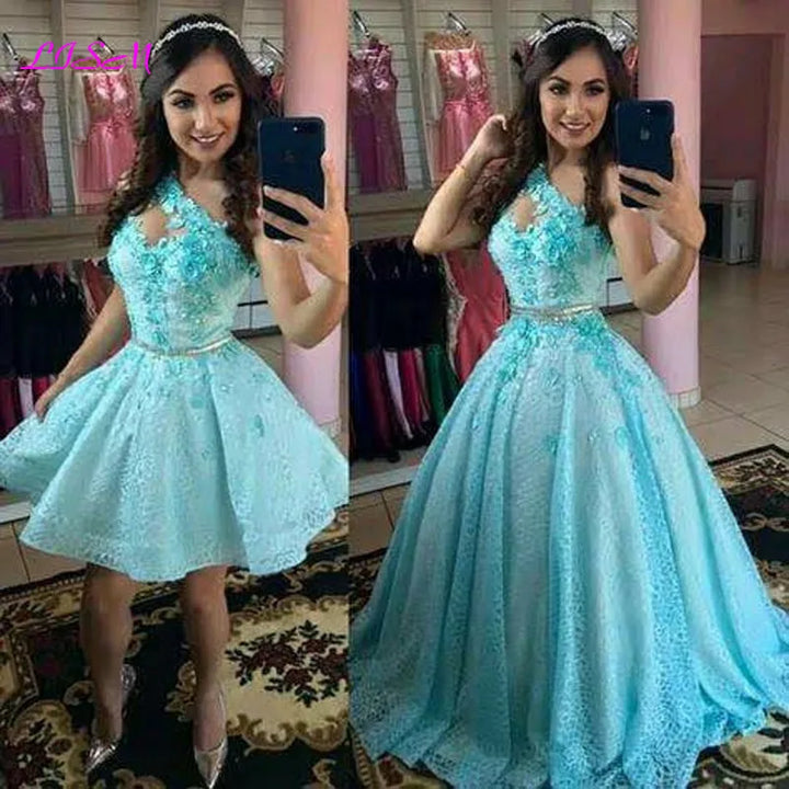 One Shoulder Lace Applique Detachable Overskirt Quinceanera Dress