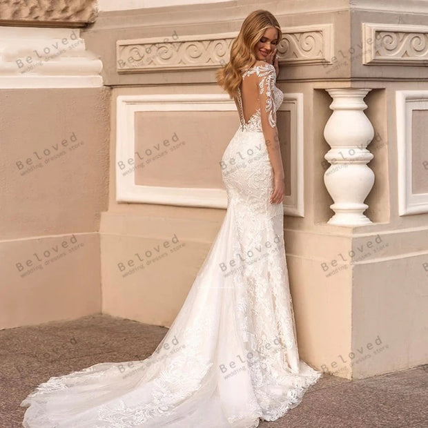 V-Neck Sheath Lace Full Sleeves Mermaid Wedding Dress