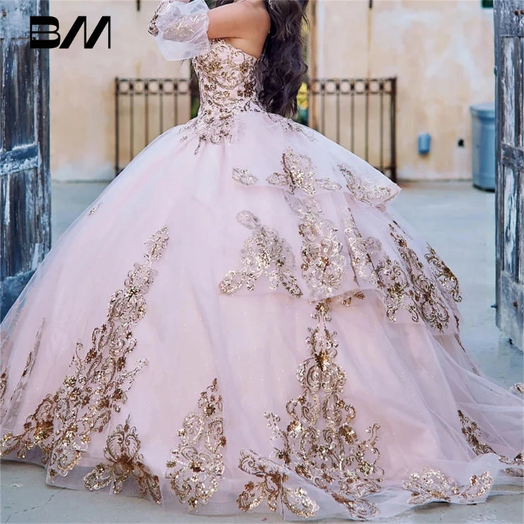 Detachable Puffy Sleeve Champagne | Gold Embroidered and Sequin Quinceanera  Dress