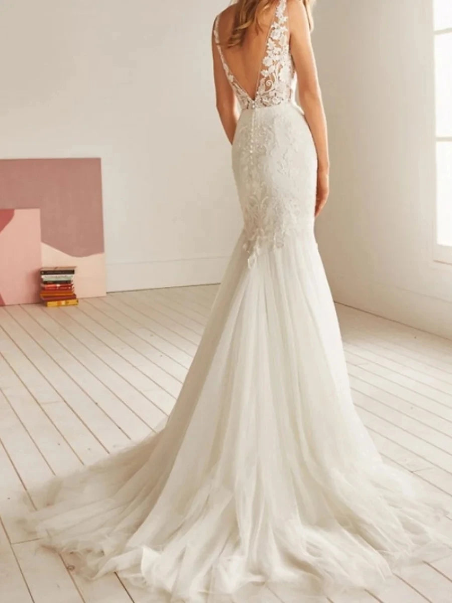 Lace Applique Spaghetti Straps Mermaid Wedding Dress