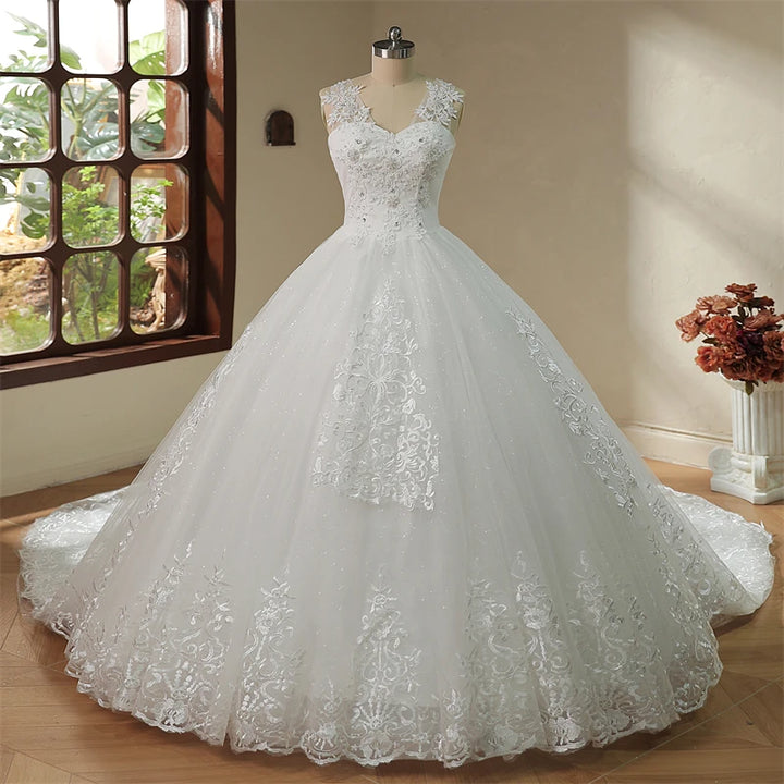 V Neck Long Train or Floor Length Appliqes Tulle  A Line Wedding Dress