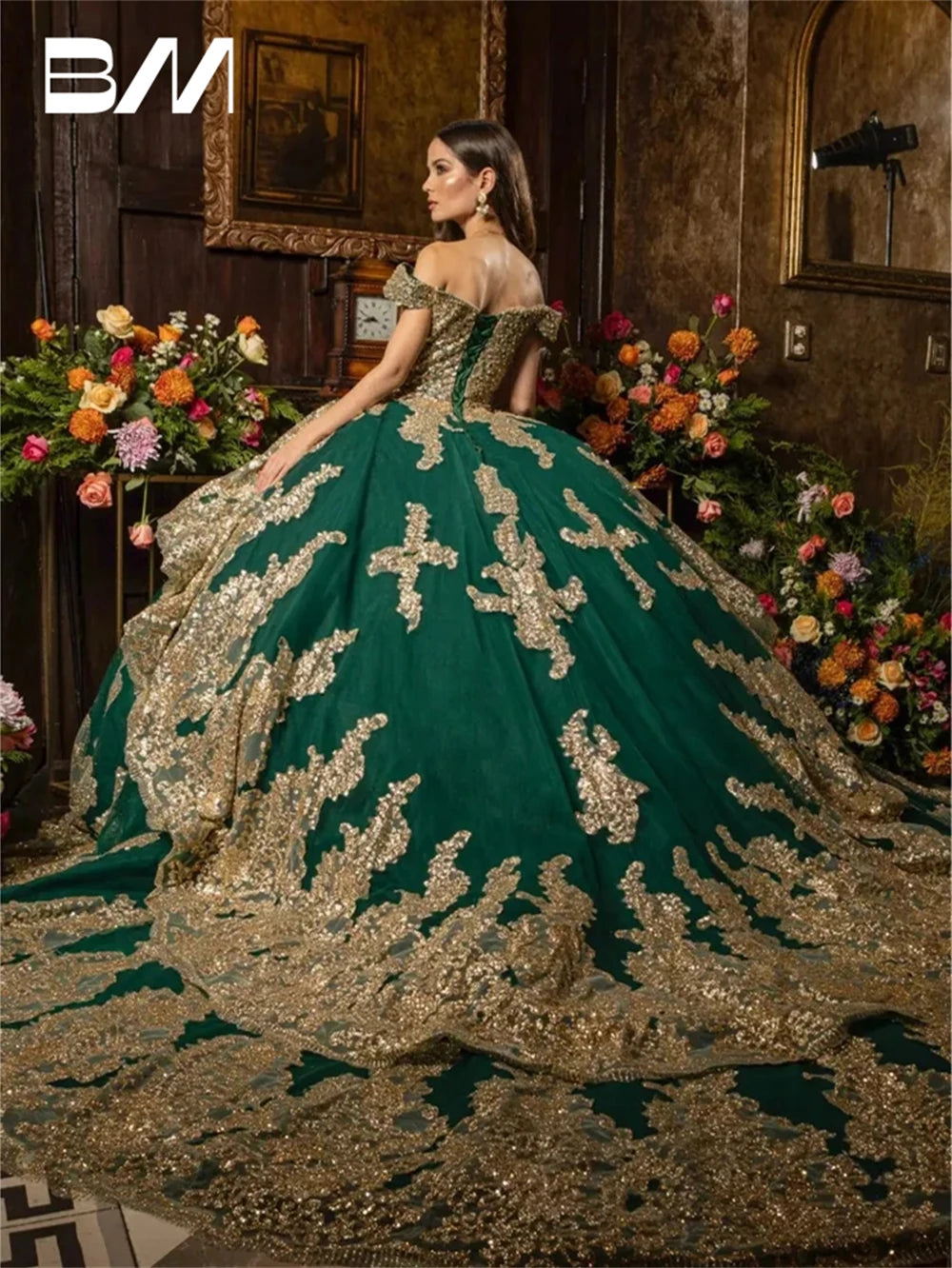 Gold Lace Ball Gown Off Shoulder Sweet 15 16 Quinceanera  Dress