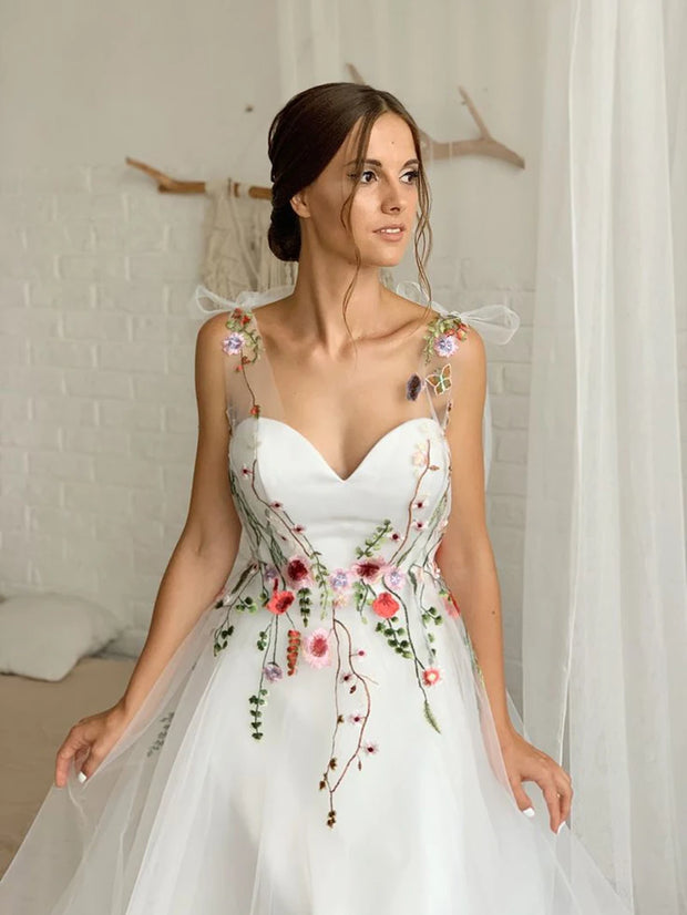 Embroidered Floral Lace Up A-Line Wedding Dress